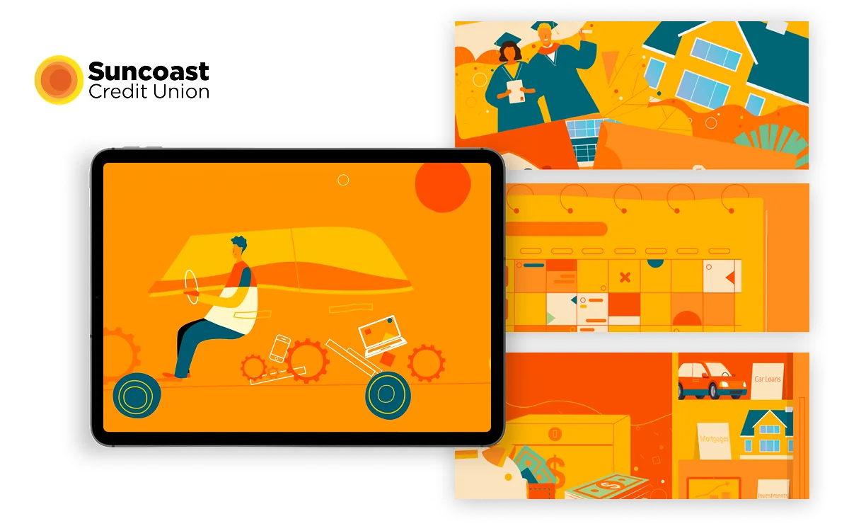 Suncoast Credit Union video artwork with colorful financial education scenes and a tablet