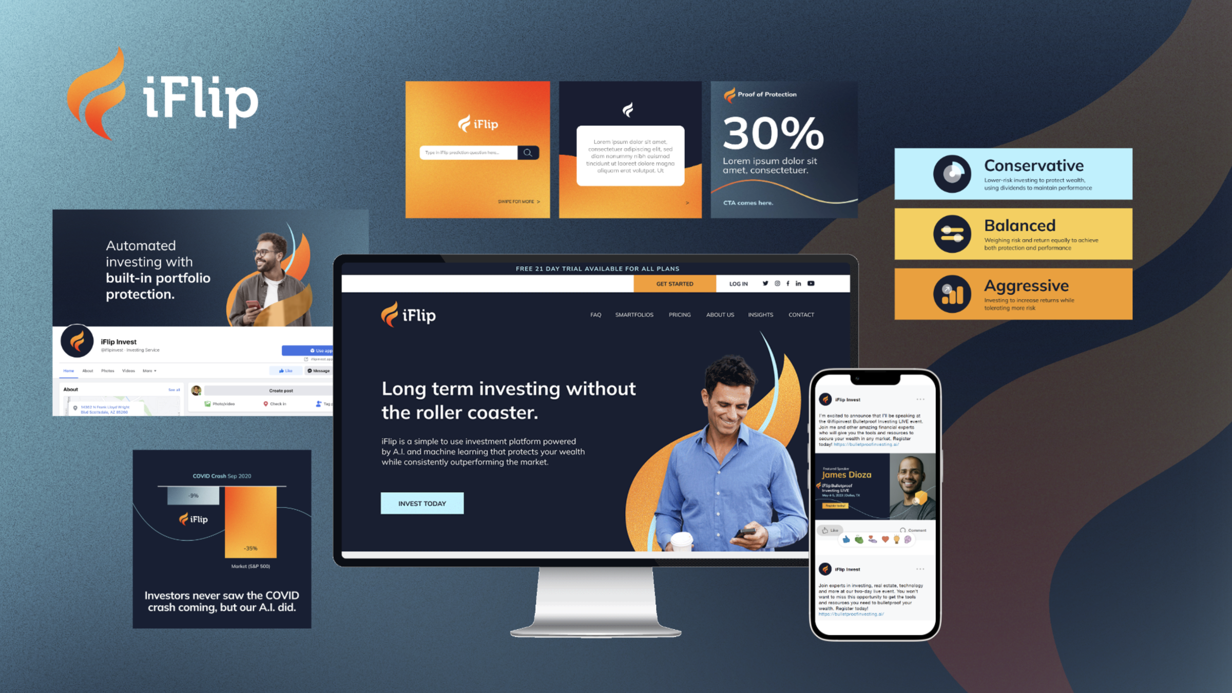 iFlip brand system key art: logo, risk tiers, website, app screens, social and ad executions